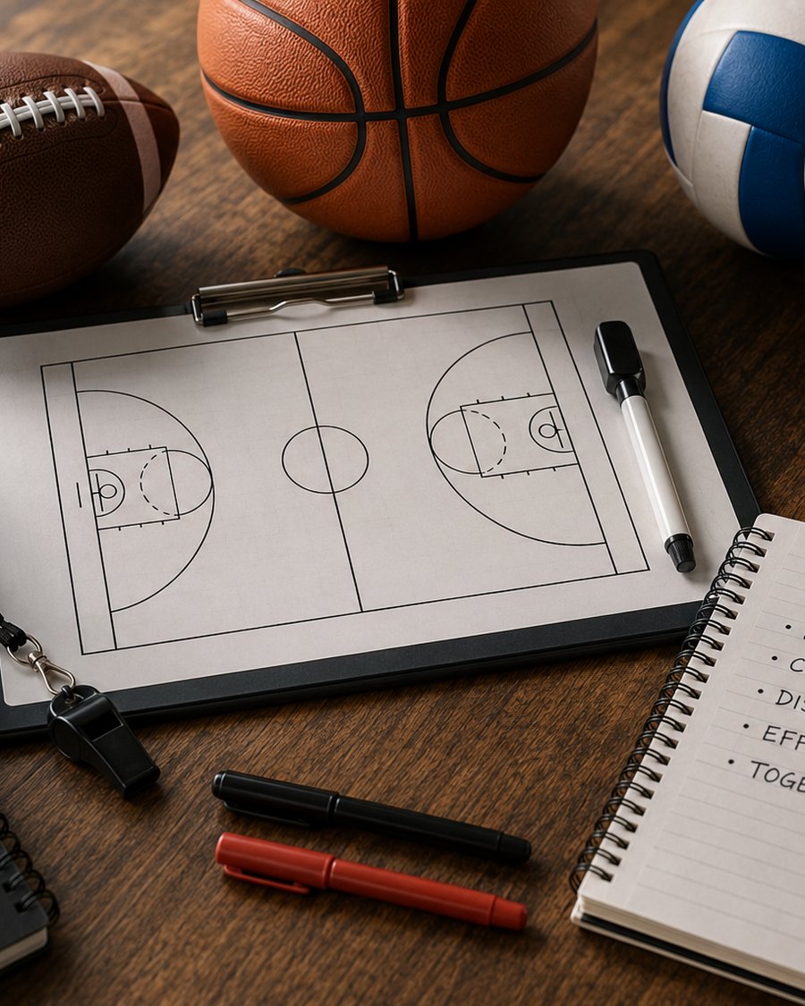 A coach's clipboard with a court diagram, a whistle, markers, and balls on a wooden table