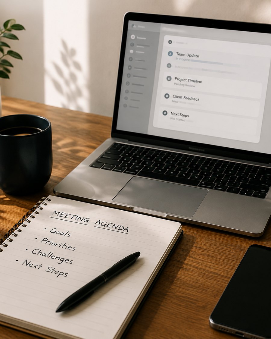 A desk with a laptop, a notebook labeled Meeting Agenda, a pen, and coffee