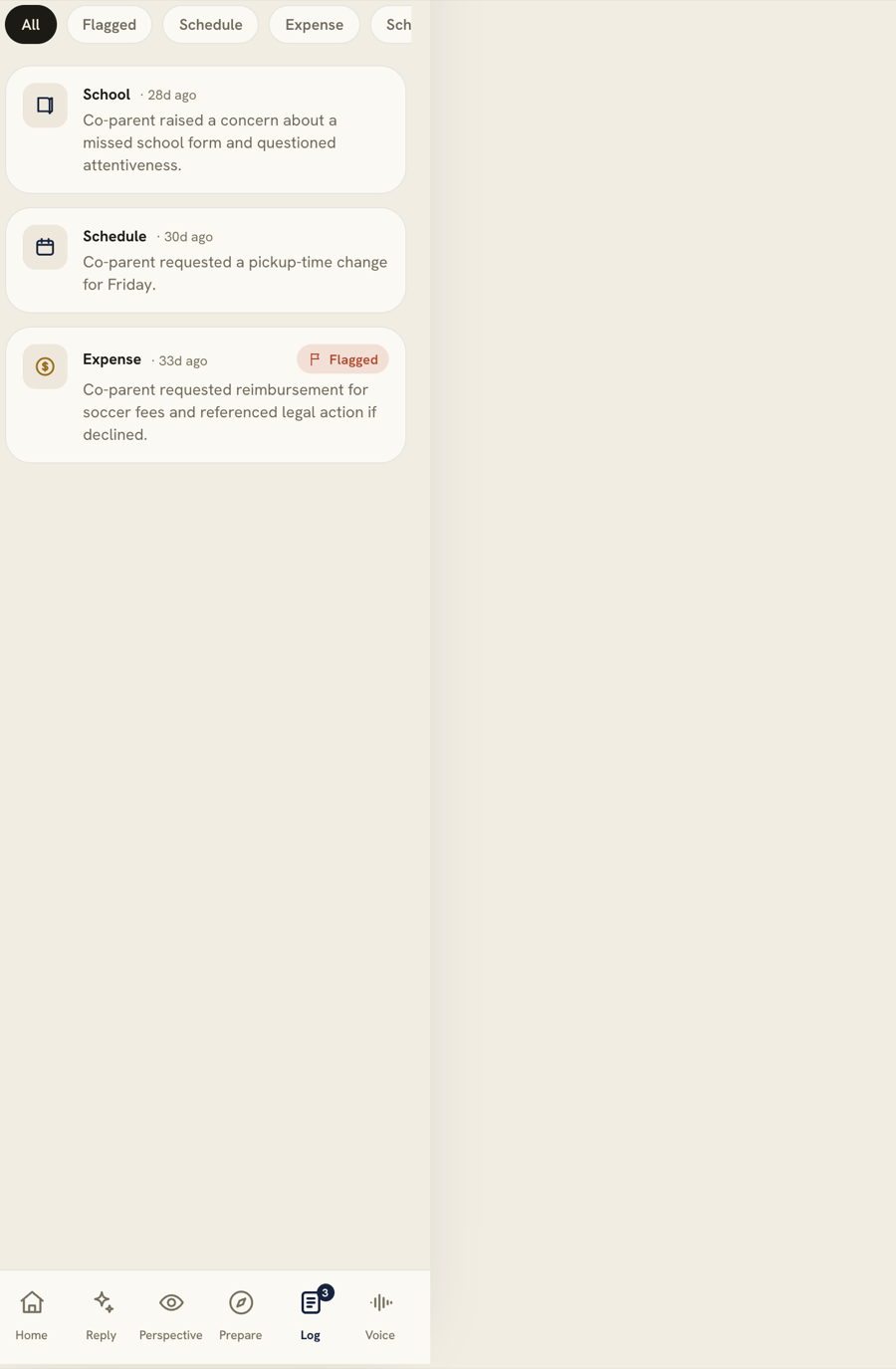 Real SteadyReply incident log: three dated entries with one flagged, filterable by category, exportable any time