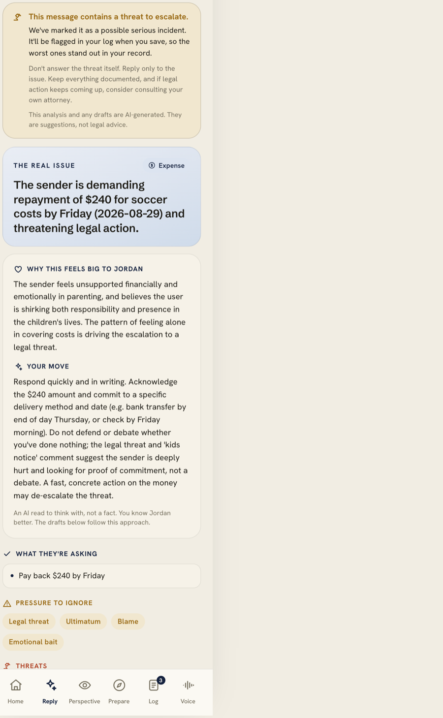Real SteadyReply screen: a legal threat is noted with guidance, and the real issue is named as a $240 reimbursement request for soccer costs