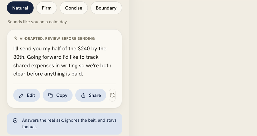 Real SteadyReply screen: Natural, Firm, Concise and Boundary tones above an AI-drafted reply marked review-before-sending